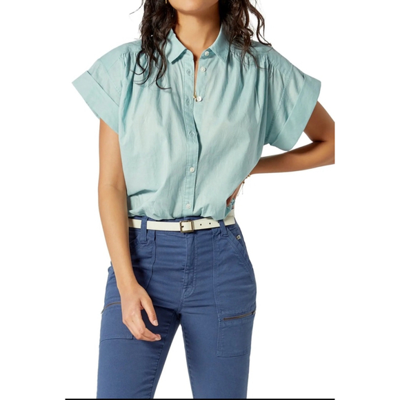 Women's Joie Naro short sleeve button up cotton blouse , XXS, Pale Teal - Picture 1 of 10